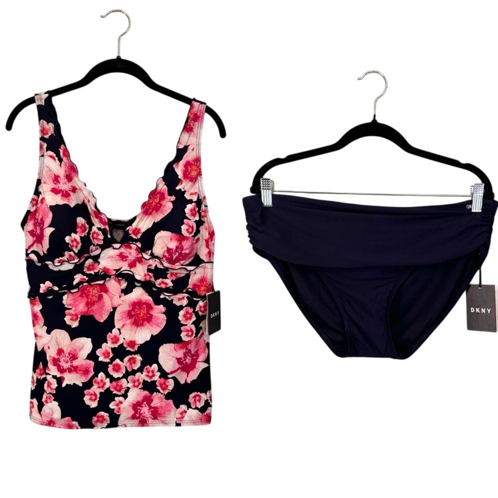 DKNY Women's Navy Floral Scallop Tankini Top Cinched Bottom Swimwear Set XXL NWT